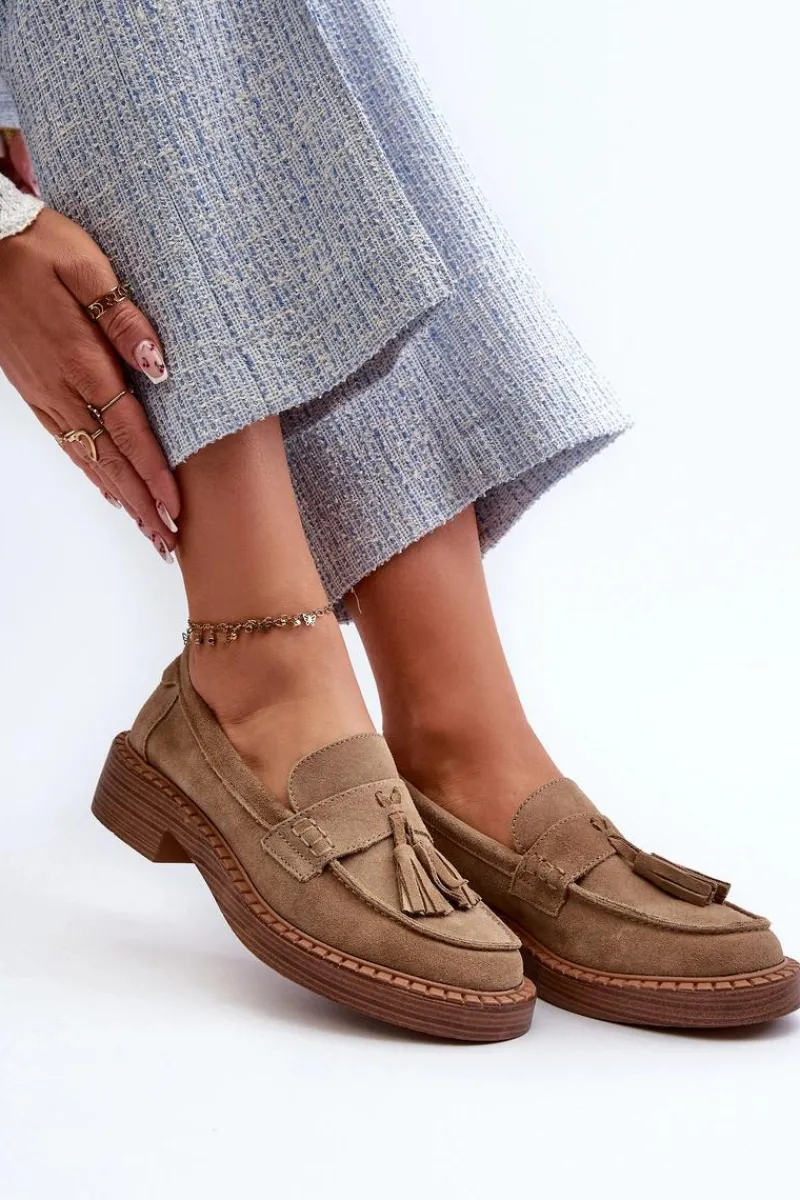 Sale Damskie buty S.Barski Mokasyny Damskie Zamszowe Z Frędzlami D&A TW107 Brązowe Brązowy