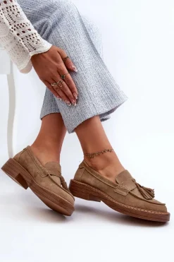 Sale Damskie buty S.Barski Mokasyny Damskie Zamszowe Z Frędzlami D&A TW107 Brązowe Brązowy