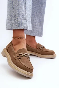 Clearance Damskie buty S.Barski Mokasyny Damskie Zamszowe Na Płaskim Obcasie Z Ozdobą D&A TW101 Brązowe Brązowy