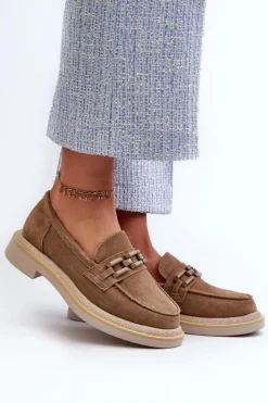 Clearance Damskie buty S.Barski Mokasyny Damskie Zamszowe Na Płaskim Obcasie Z Ozdobą D&A TW101 Brązowe Brązowy