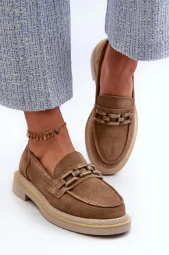 Clearance Damskie buty S.Barski Mokasyny Damskie Zamszowe Na Płaskim Obcasie Z Ozdobą D&A TW101 Brązowe Brązowy