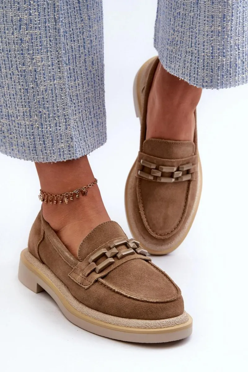 Clearance Damskie buty S.Barski Mokasyny Damskie Zamszowe Na Płaskim Obcasie Z Ozdobą D&A TW101 Brązowe Brązowy