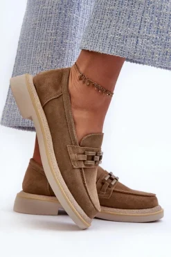 Clearance Damskie buty S.Barski Mokasyny Damskie Zamszowe Na Płaskim Obcasie Z Ozdobą D&A TW101 Brązowe Brązowy