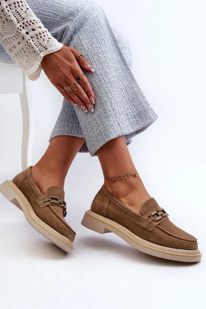 Clearance Damskie buty S.Barski Mokasyny Damskie Zamszowe Na Płaskim Obcasie Z Ozdobą D&A TW101 Brązowe Brązowy