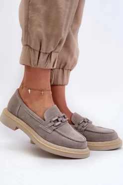 Sale Mokasyny Damskie Zamszowe Na Płaskim Obcasie Z Ozdobą D&A TW101 Szare Damskie Loafersy Damskie|Mokasyny Płaskie