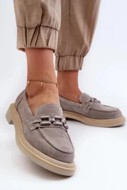 Sale Mokasyny Damskie Zamszowe Na Płaskim Obcasie Z Ozdobą D&A TW101 Szare Damskie Loafersy Damskie|Mokasyny Płaskie