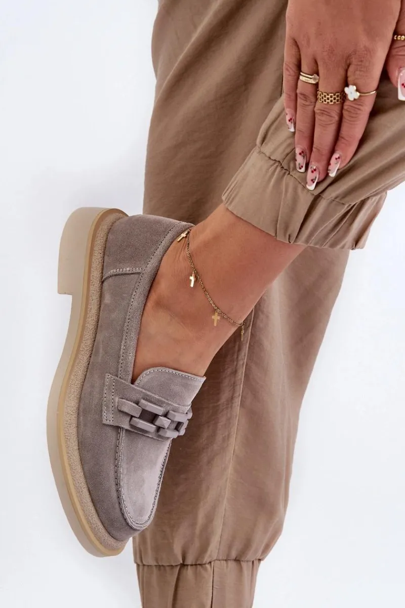 Sale Mokasyny Damskie Zamszowe Na Płaskim Obcasie Z Ozdobą D&A TW101 Szare Damskie Loafersy Damskie|Mokasyny Płaskie
