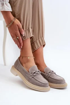 Sale Mokasyny Damskie Zamszowe Na Płaskim Obcasie Z Ozdobą D&A TW101 Szare Damskie Loafersy Damskie|Mokasyny Płaskie