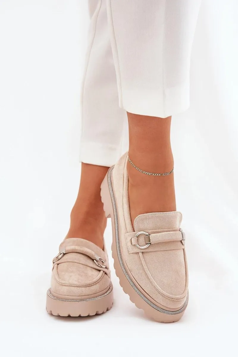 Hot Mokasyny Damskie Zdobione Cyrkoniami Beżowe Patina Damskie Mokasyny Płaskie|Mokasyny Damskie Skórzane