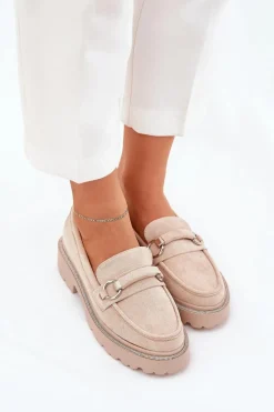 Hot Mokasyny Damskie Zdobione Cyrkoniami Beżowe Patina Damskie Mokasyny Płaskie|Mokasyny Damskie Skórzane