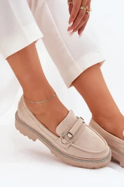 Hot Mokasyny Damskie Zdobione Cyrkoniami Beżowe Patina Damskie Mokasyny Płaskie|Mokasyny Damskie Skórzane