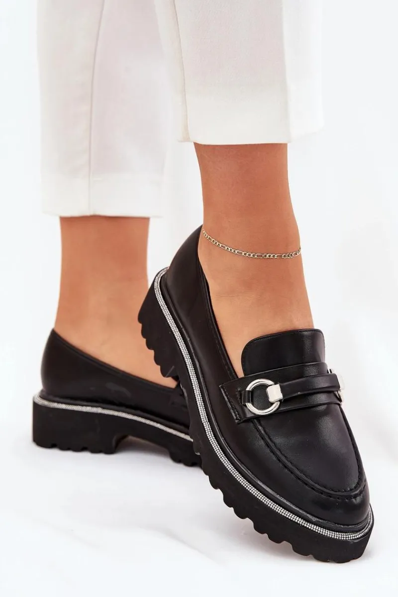 Mokasyny Damskie Zdobione Cyrkoniami Czarne Patina Damskie Mokasyny Płaskie|Mokasyny Damskie Skórzane