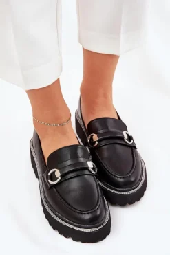 Mokasyny Damskie Zdobione Cyrkoniami Czarne Patina Damskie Mokasyny Płaskie|Mokasyny Damskie Skórzane