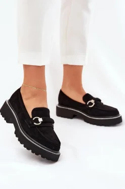 Sale Boto Mokasyny Damskie Zdobione Cyrkoniami Czarne Patina