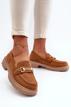 Hot Boto Mokasyny Damskie Ze Złotą Ozdobą Eko Zamszowe Camel Lighas