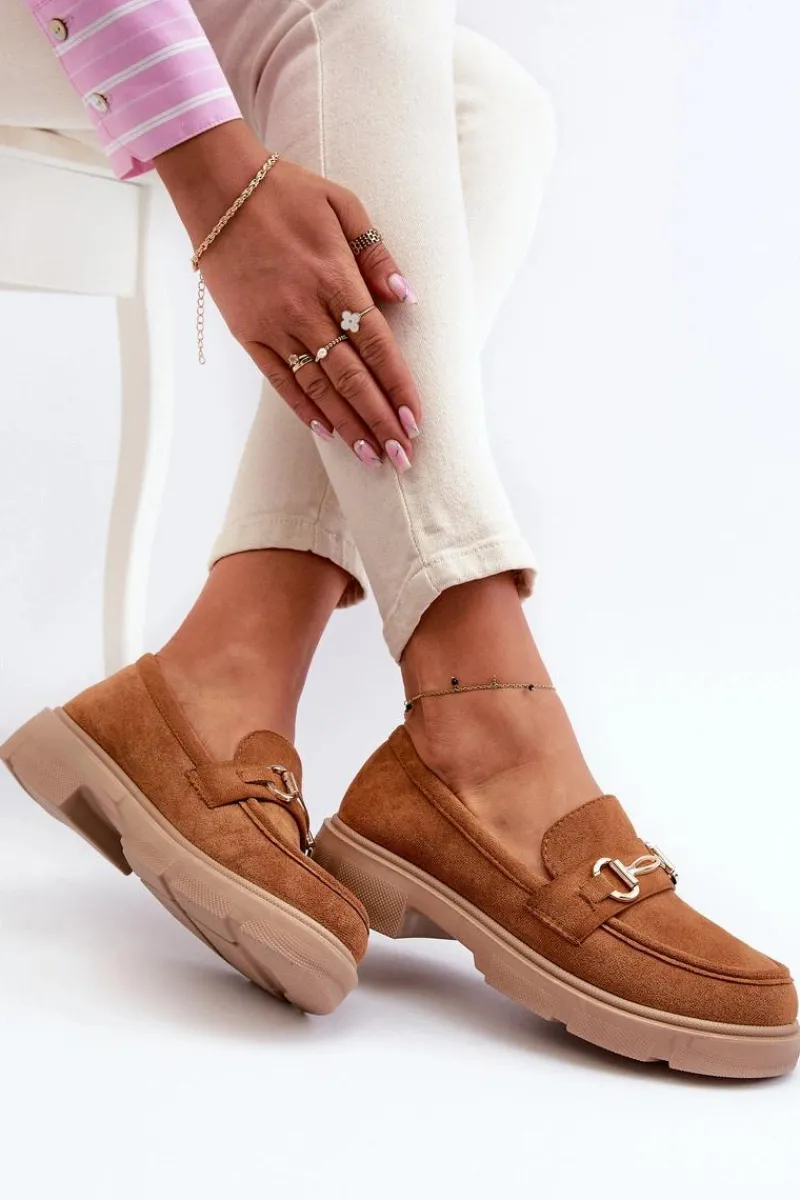 Hot Boto Mokasyny Damskie Ze Złotą Ozdobą Eko Zamszowe Camel Lighas