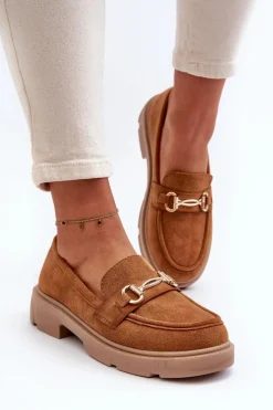 Hot Boto Mokasyny Damskie Ze Złotą Ozdobą Eko Zamszowe Camel Lighas