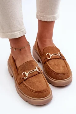 Hot Boto Mokasyny Damskie Ze Złotą Ozdobą Eko Zamszowe Camel Lighas