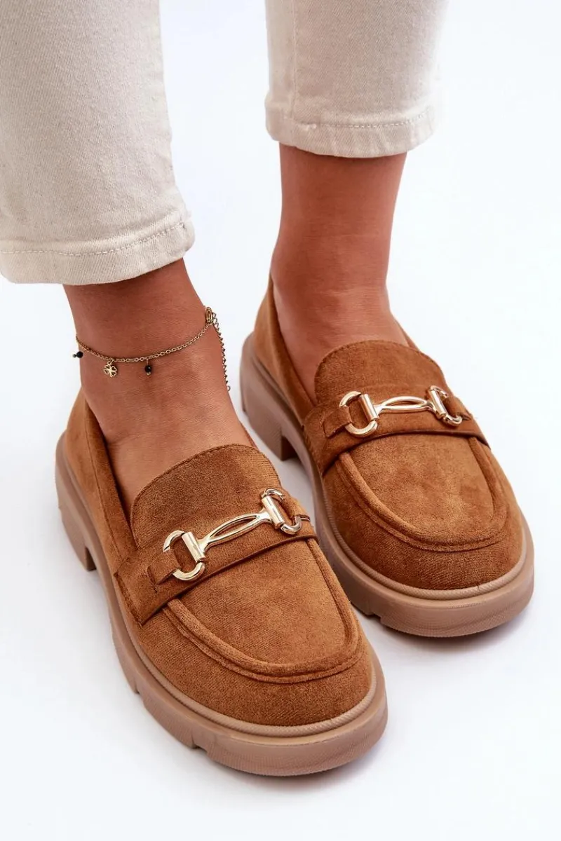 Hot Boto Mokasyny Damskie Ze Złotą Ozdobą Eko Zamszowe Camel Lighas