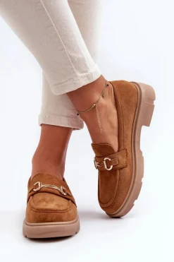 Hot Boto Mokasyny Damskie Ze Złotą Ozdobą Eko Zamszowe Camel Lighas