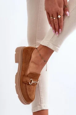 Hot Boto Mokasyny Damskie Ze Złotą Ozdobą Eko Zamszowe Camel Lighas