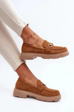 Hot Boto Mokasyny Damskie Ze Złotą Ozdobą Eko Zamszowe Camel Lighas