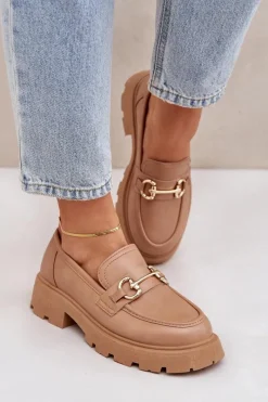 Discount Boto Mokasyny Damskie Ze Złotym Detalem Beżowe Ferietta