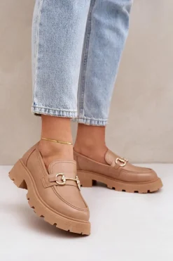 Discount Boto Mokasyny Damskie Ze Złotym Detalem Beżowe Ferietta