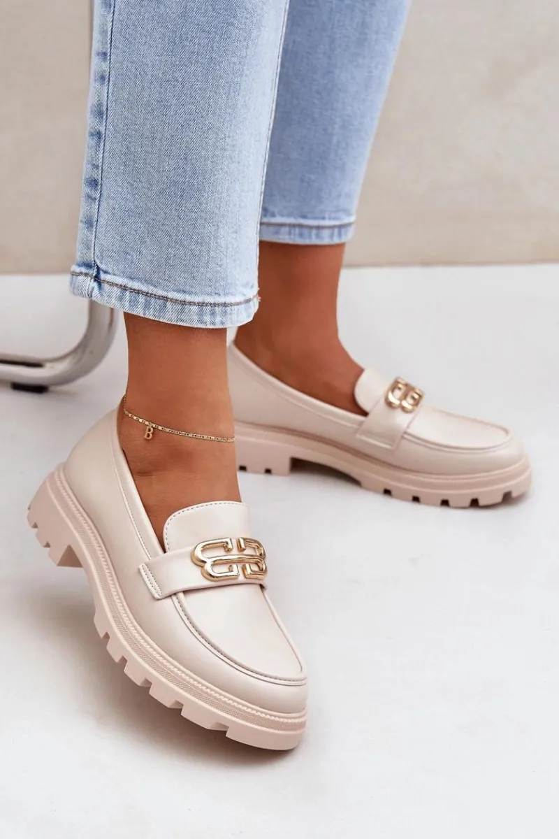 Mokasyny Damskie Ze Złotym Detalem Beżowe Trionna Damskie Loafersy Damskie|Mokasyny Płaskie