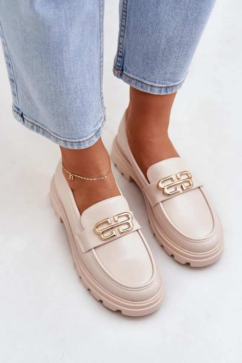 Mokasyny Damskie Ze Złotym Detalem Beżowe Trionna Damskie Loafersy Damskie|Mokasyny Płaskie
