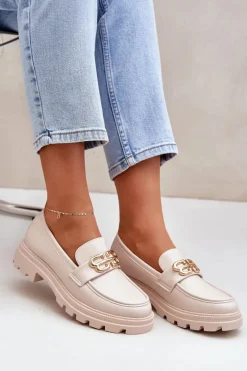 Mokasyny Damskie Ze Złotym Detalem Beżowe Trionna Damskie Loafersy Damskie|Mokasyny Płaskie
