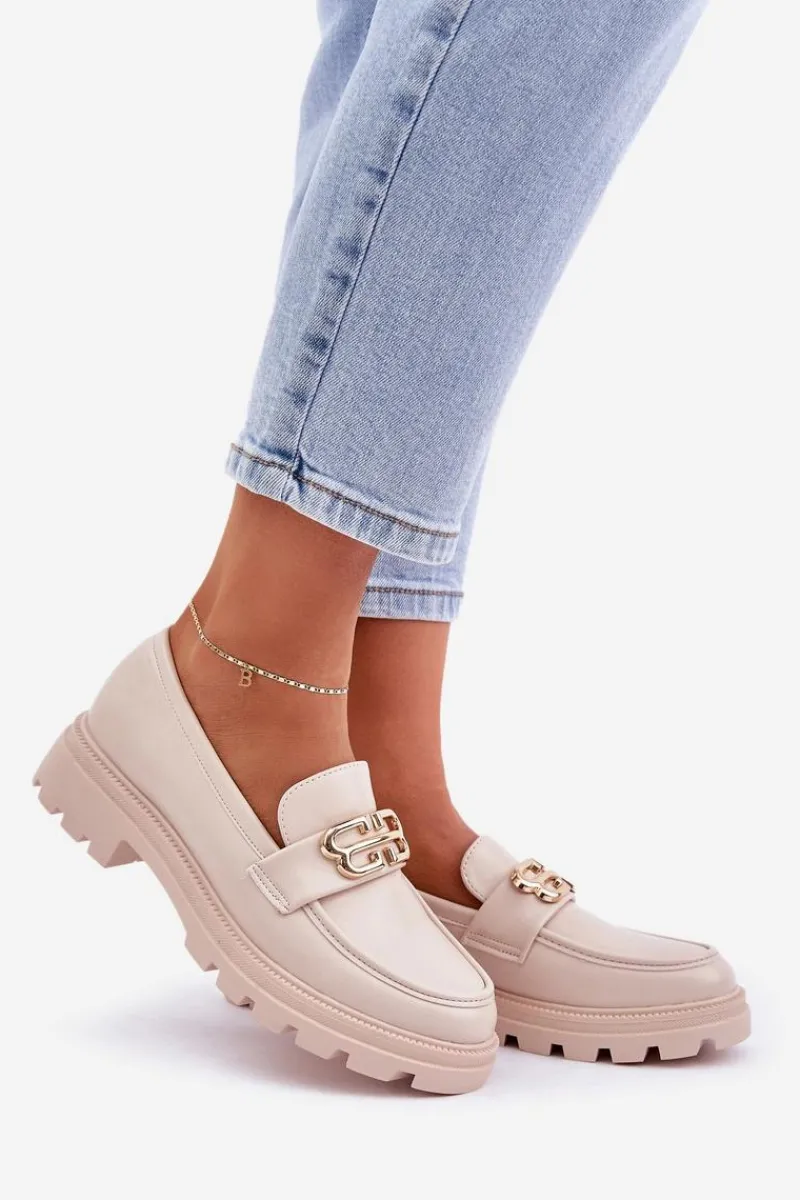 Mokasyny Damskie Ze Złotym Detalem Beżowe Trionna Damskie Loafersy Damskie|Mokasyny Płaskie