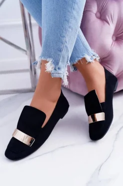 Boto Mokasyny Damskie Złota Blaszka Czarne Lordsy Lu Boo Harlem