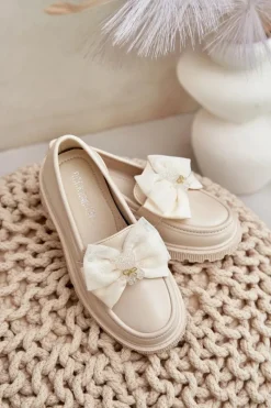 Mokasyny Dziecięce>Buty damskie Vinceza Mokasyny Dziewczęce Z Kokardą Eko Skórzane Beżowe Avallesa