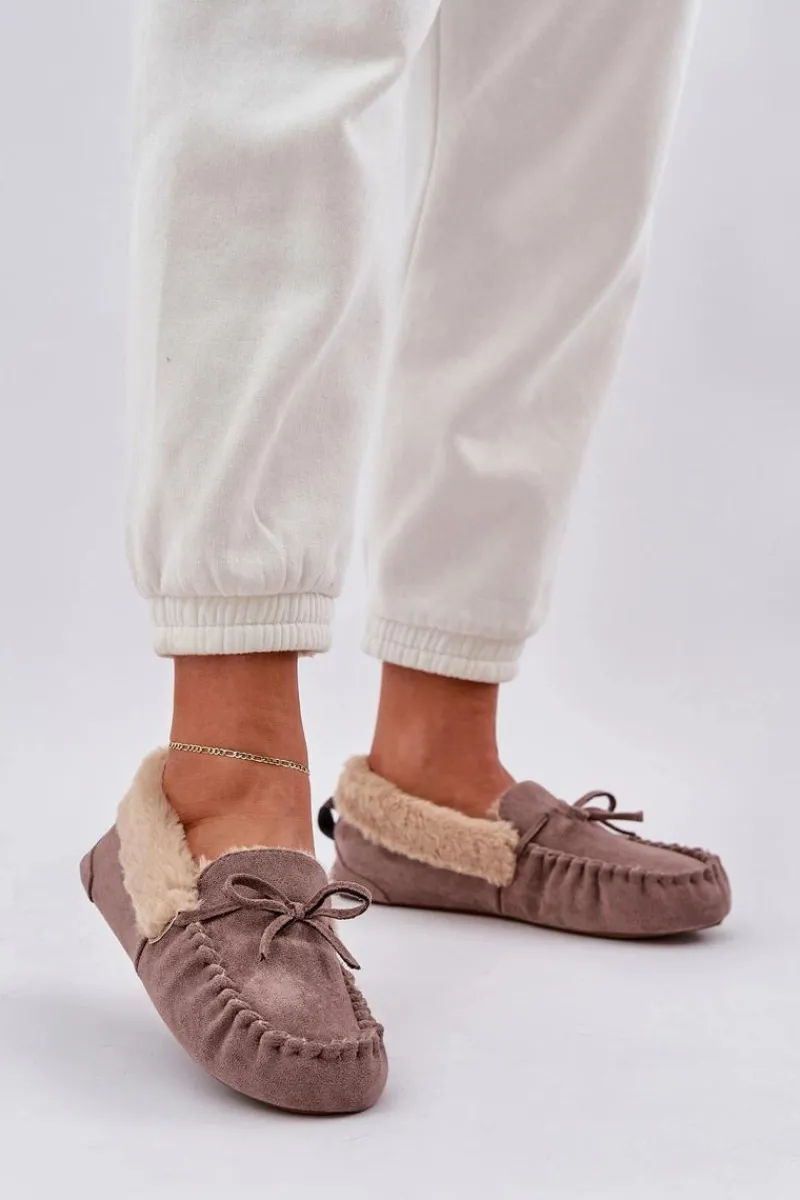 Outlet Boto Mokasyny Kapcie Damskie Z Futerkiem Ciemnobeżowe Kleogoria