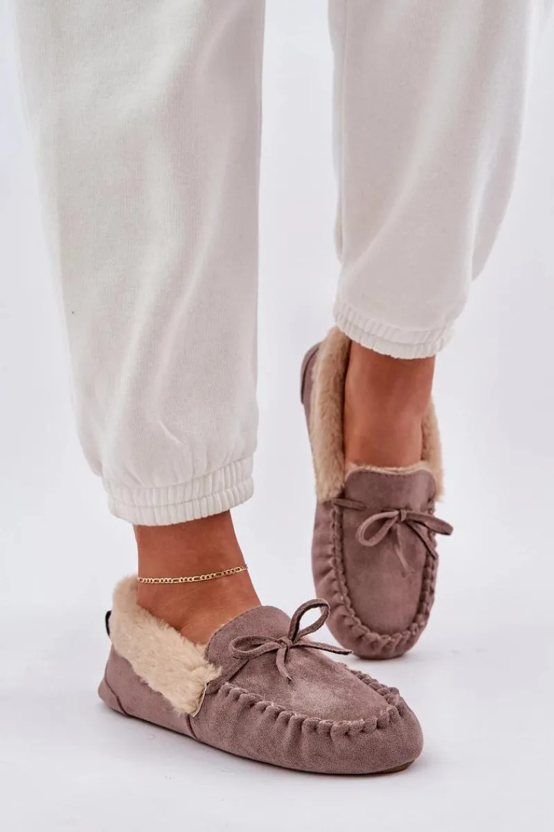 Outlet Boto Mokasyny Kapcie Damskie Z Futerkiem Ciemnobeżowe Kleogoria