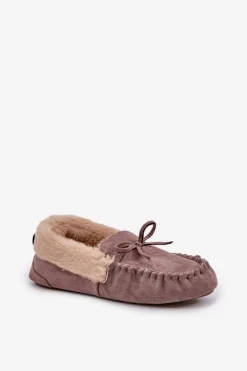 Outlet Boto Mokasyny Kapcie Damskie Z Futerkiem Ciemnobeżowe Kleogoria