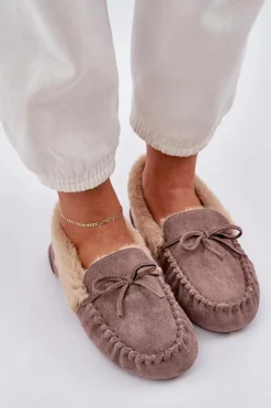 Outlet Boto Mokasyny Kapcie Damskie Z Futerkiem Ciemnobeżowe Kleogoria