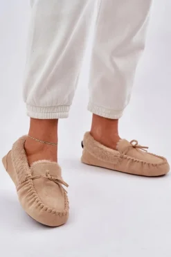 Loafersy Damskie|Kapcie Klasyczne>Boto Mokasyny Kapcie Damskie Z Futerkiem Beżowe Kleogoria
