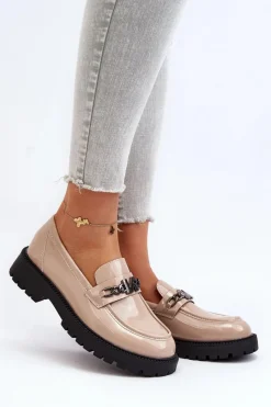 Discount Mokasyny Lakierowane Damskie Na Płaskim Obcasie Beżowe Ezoma Damskie Loafersy Damskie|Mokasyny Płaskie