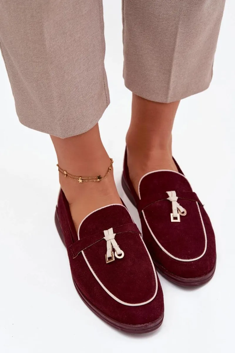 Loafersy Damskie|Mokasyny Płaskie>Boto Mokasyny Loafersy Damskie Z Eko Zamszu Bordowe Darwen Czerwony
