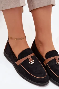 Mokasyny Loafersy Damskie Z Eko Zamszu Czarne Darwen Damskie Loafersy Damskie|Mokasyny Płaskie
