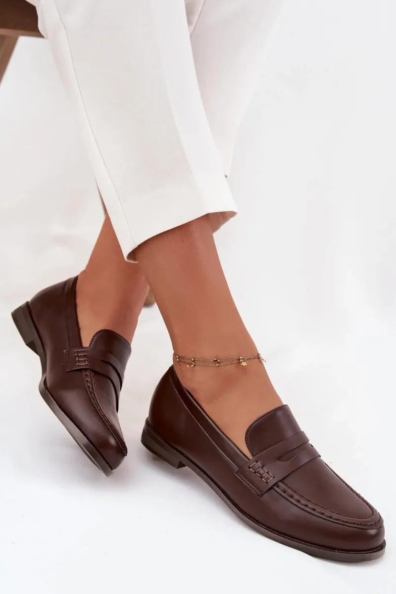 Clearance Mokasyny Loafersy Damskie Z Eko Skóry Czekoladowe Bessina Damskie Loafersy Damskie|Mokasyny Płaskie