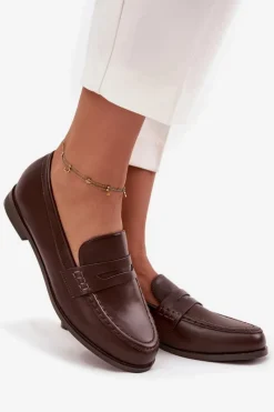 Clearance Mokasyny Loafersy Damskie Z Eko Skóry Czekoladowe Bessina Damskie Loafersy Damskie|Mokasyny Płaskie