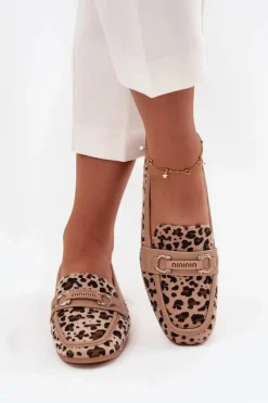 Loafersy Damskie|Mokasyny Płaskie>Boto Mokasyny Loafersy Damskie Z Ozdobnym Elementem Panterka Beżowe Evelora Beżowy