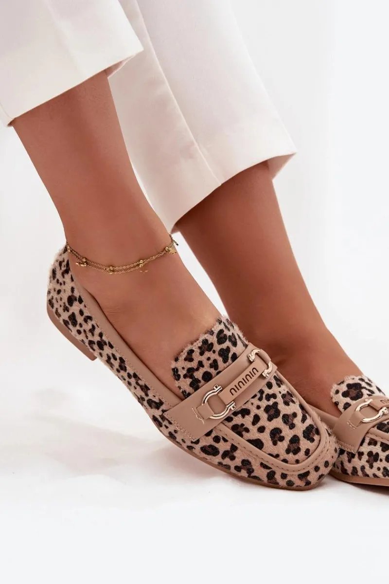 Loafersy Damskie|Mokasyny Płaskie>Boto Mokasyny Loafersy Damskie Z Ozdobnym Elementem Panterka Beżowe Evelora Beżowy