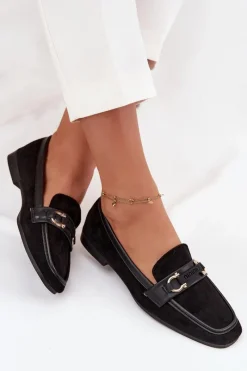 Discount Mokasyny Loafersy Damskie Z Ozdobnym Elementem Czarne Evelora Damskie Loafersy Damskie|Mokasyny Płaskie