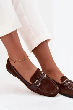 Loafersy Damskie|Mokasyny Płaskie>Boto Mokasyny Loafersy Damskie Z Ozdobnym Elementem Czekoladowe Evelora Brązowy