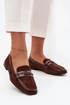 Loafersy Damskie|Mokasyny Płaskie>Boto Mokasyny Loafersy Damskie Z Ozdobnym Elementem Czekoladowe Evelora Brązowy