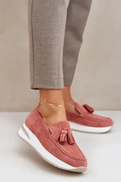 Online Mokasyny Na Delikatnym Koturnie Eko Zamszowe Różowe Challavia Damskie Loafersy Damskie|Mokasyny Damskie Zamszowe